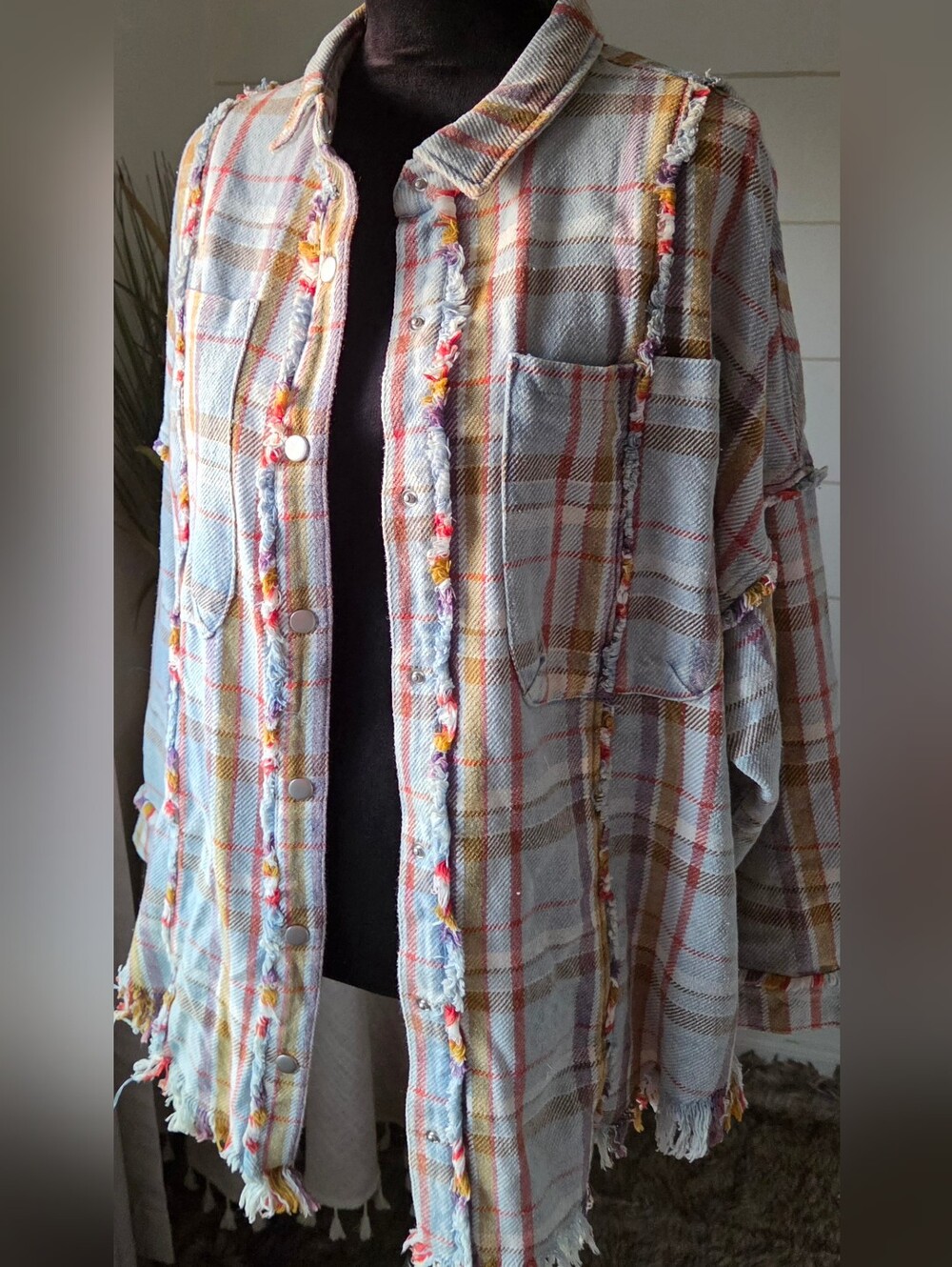 Oli Hali Plaid Fringe Boho Fluid Shacket POL Oversize Western Blanket Jacket L